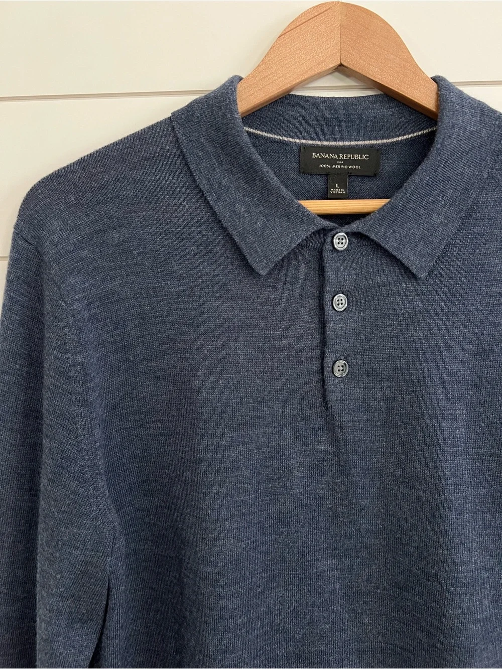Banana Republic 100% Merino Wool Men's Large Polo Sweater Long Sleeves Blue